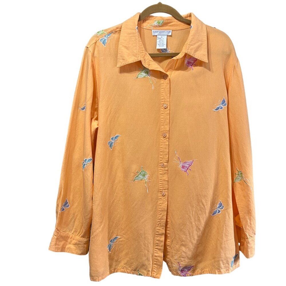 Susan Graver Style sz XL orange linen blend embroidered long sleeve button front